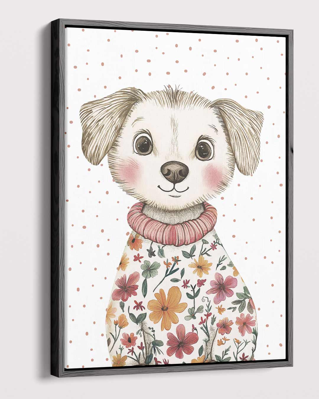 Vrolijke Pup in Bloemenjas – plexiglas wanddecoratie in portret formaat