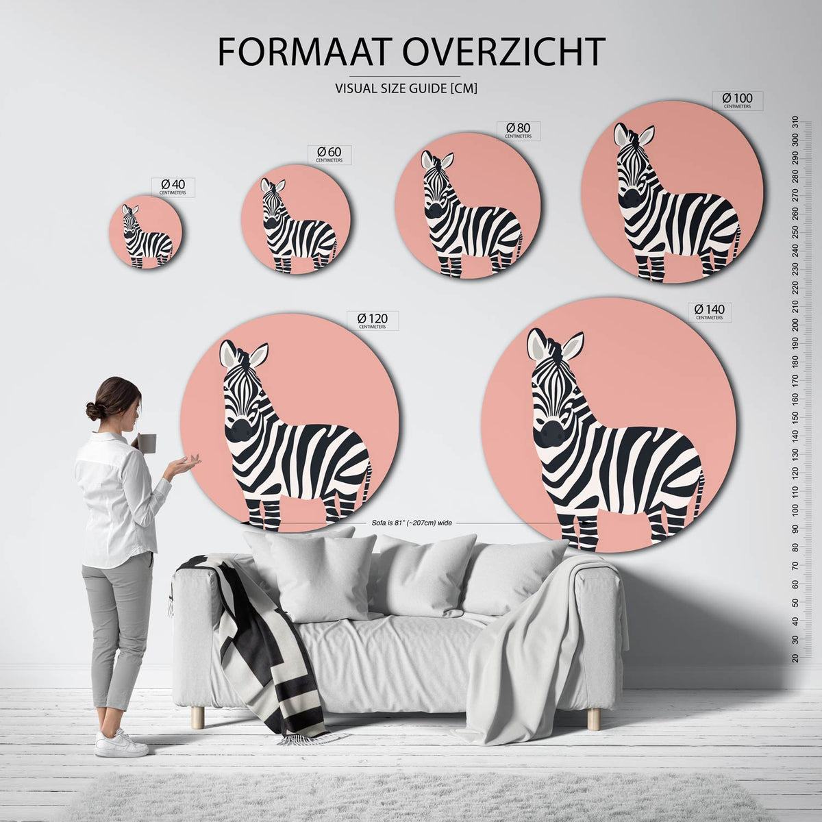 Zebra op roze Muurcirkel – extra productweergave – Een zebra met zwarte en witte strepen tegen een roze achtergrond.