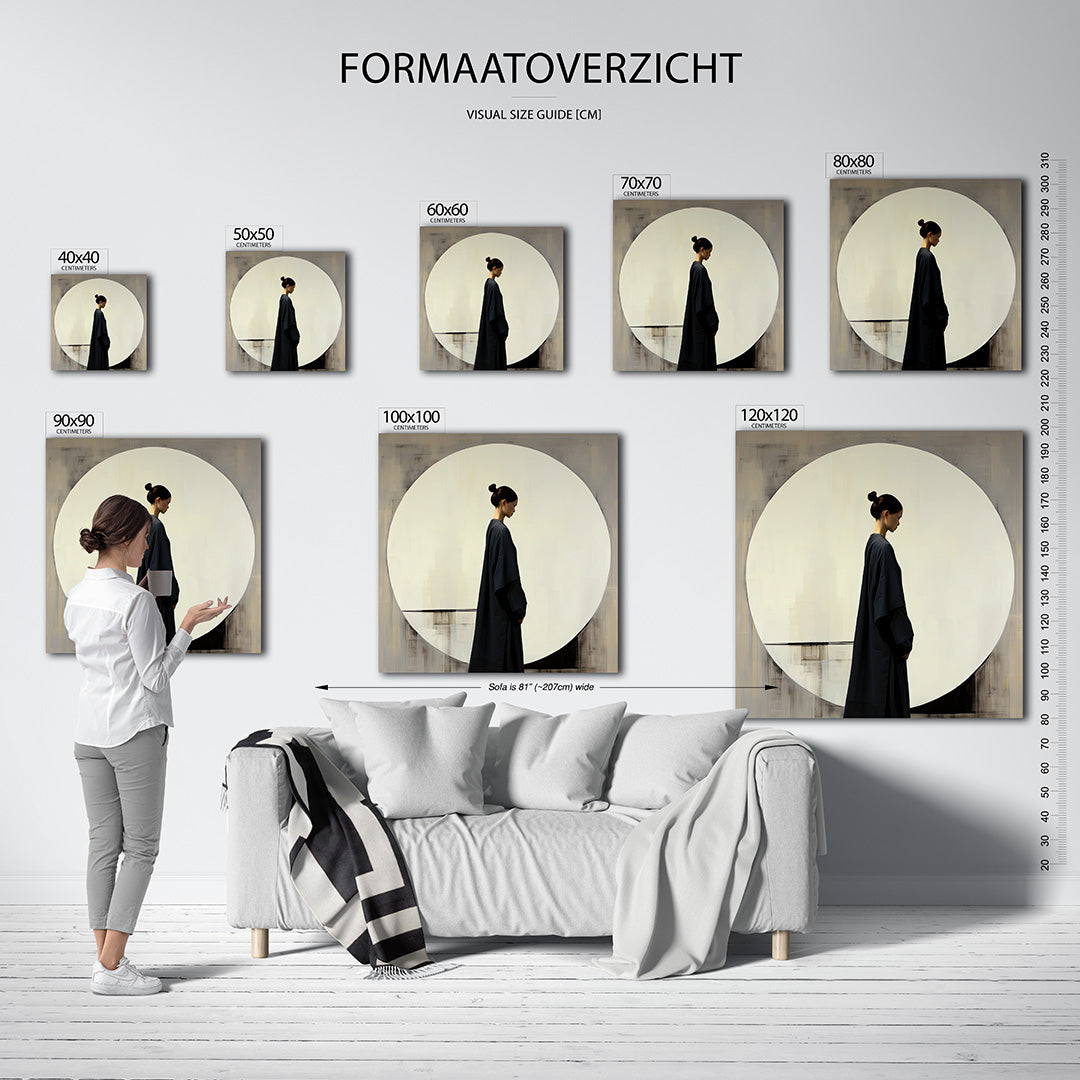 Cirkel kunstwerk – sfeerbeeld – dit werk toont een compositie met een grote witte cirkel tegen een grijze achtergrond. Een