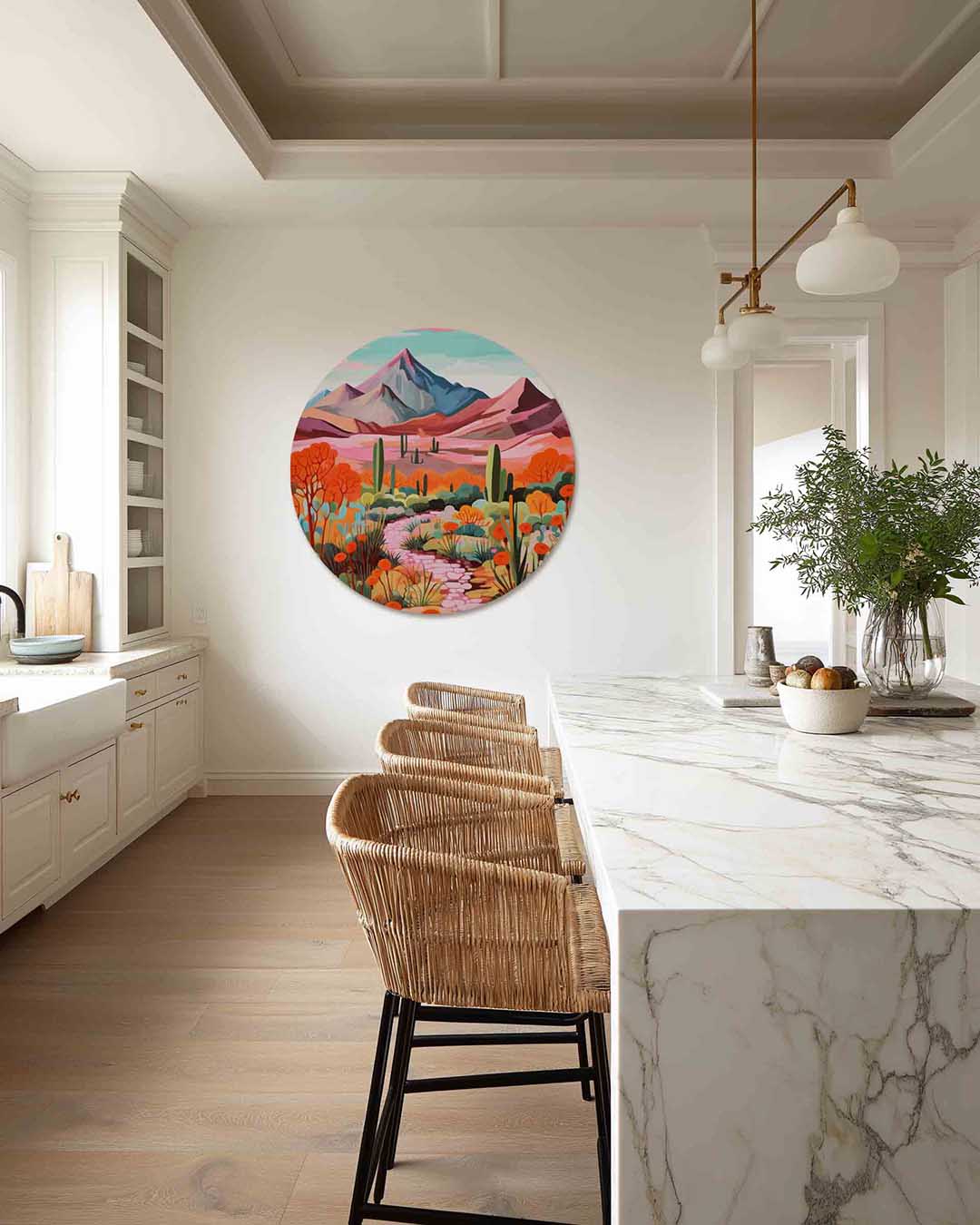 Berglandschap met cactussen – abstracte muurcirkel als ronde wanddecoratie