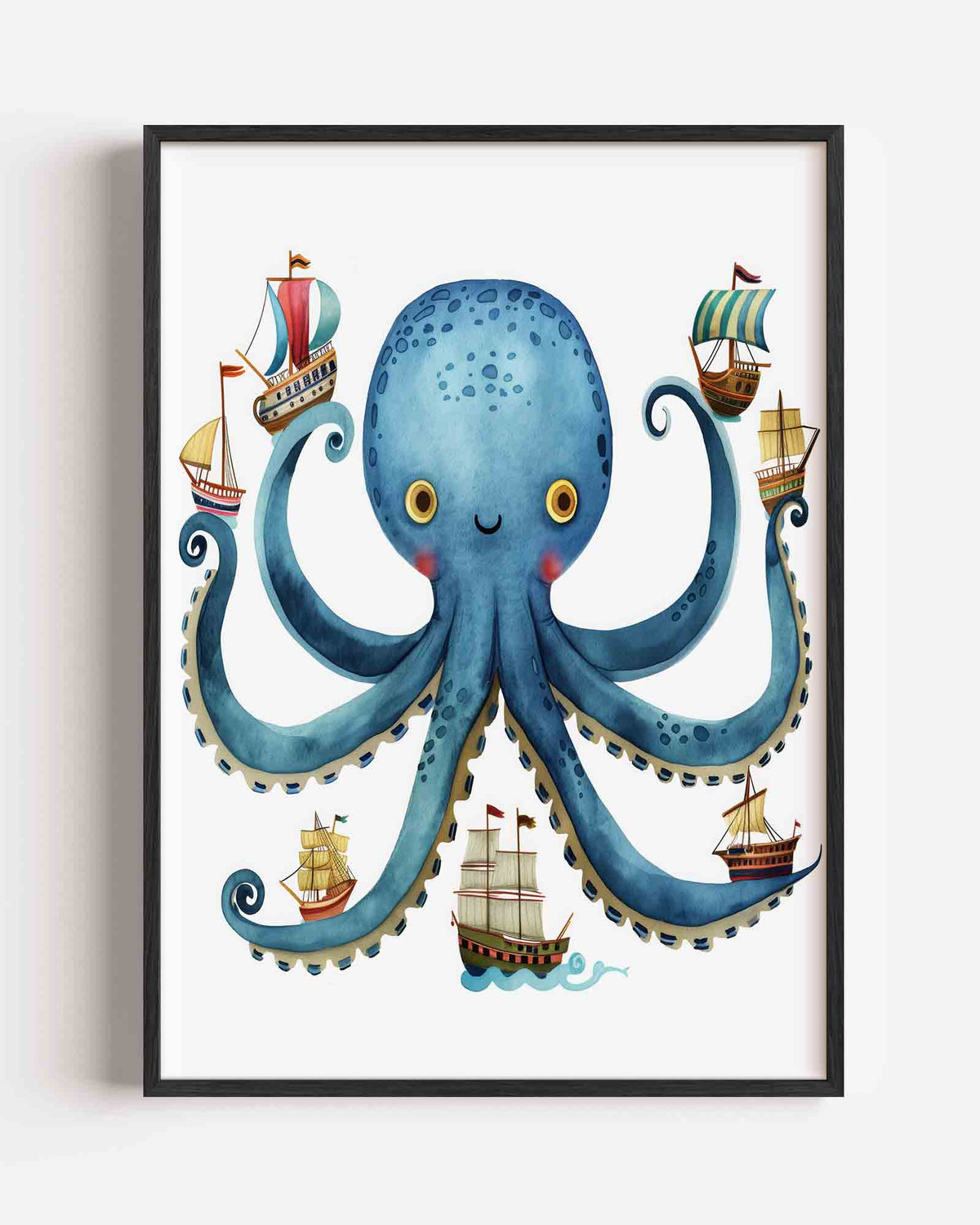 Blauwe octopus met schepen – kids portret poster als wanddecoratie