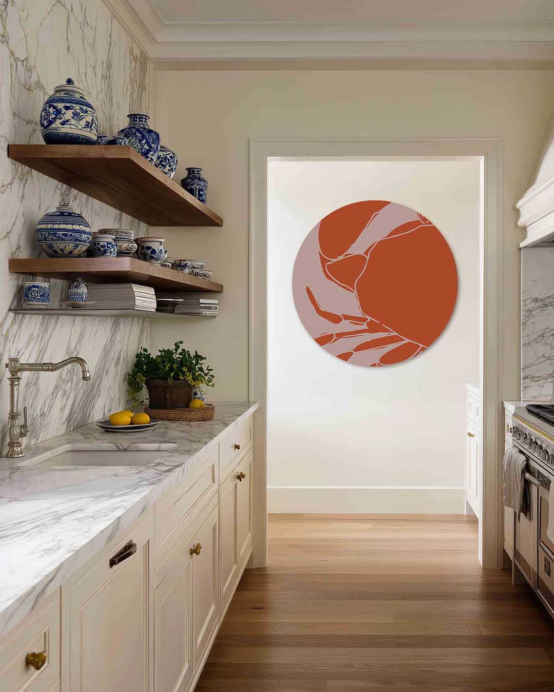 Oranje krab – moderne abstracte muurcirkel voor aan de muur
