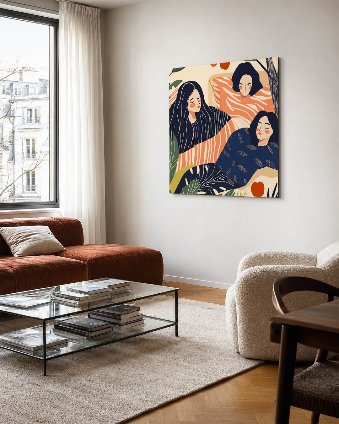 Dromerige figuren kunstwerk – vierkante wanddecoratie – dit kunstwerk toont drie figuren in een compositie met vloeiende