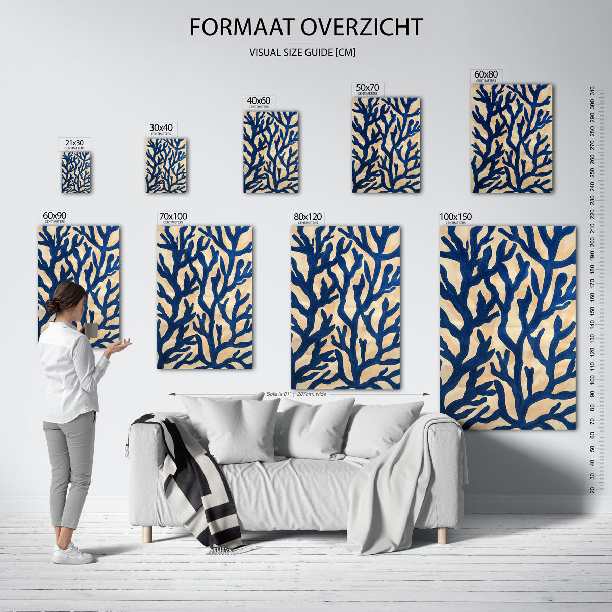 Blauwe takken op beige – staande muurposter met hedendaagse illustratie