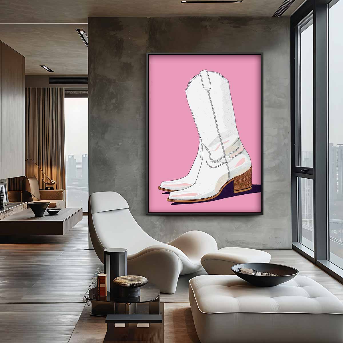 Witte Cowboylaarzen op Roze Achtergrond – staand kunstwerk voor modern interieur