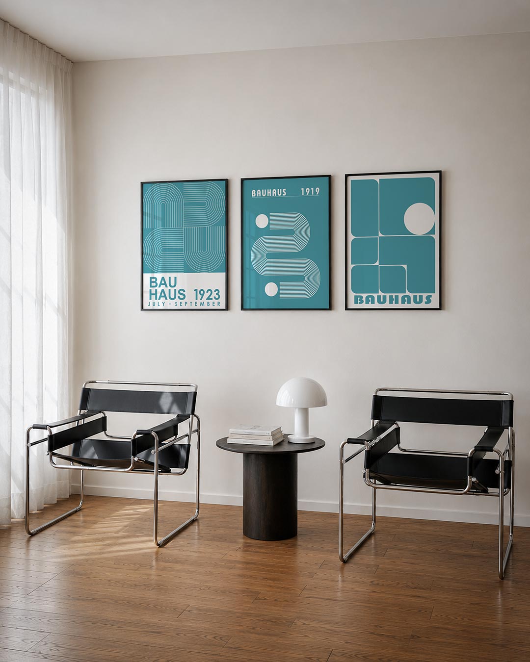 Lijnen en kleurvlakken posterset – derde productweergave – deze posterset in drie delen toont een spel van gebogen en rechte