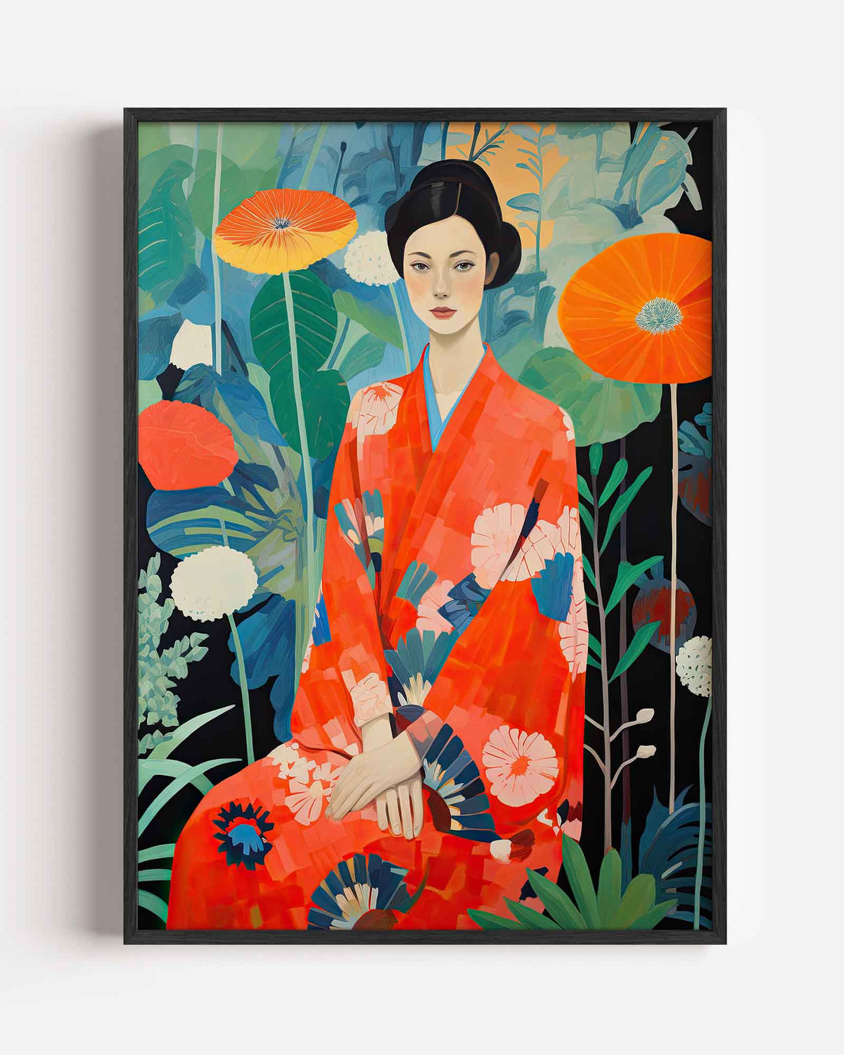 Vrouw in kimono met bloemen – Aziatische portret poster als wanddecoratie