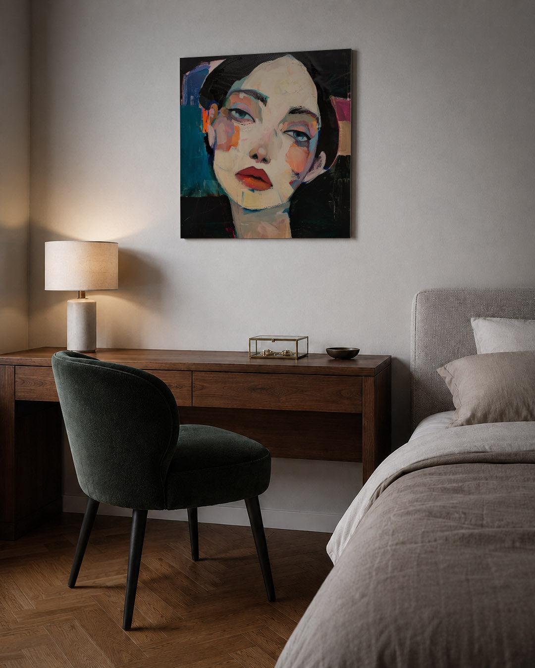 Abstracte kunstwerk – sfeerbeeld – dit kunstwerk toont een portret met levendige kleuren en dynamische penseelstreken
