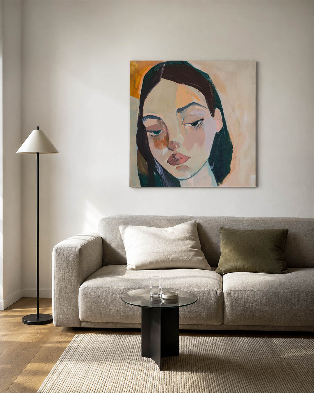 Portretstudie kunstwerk – vierkante wanddecoratie – dit werk toont een portret met gedurfde penseelstreken en zachte kleuren.