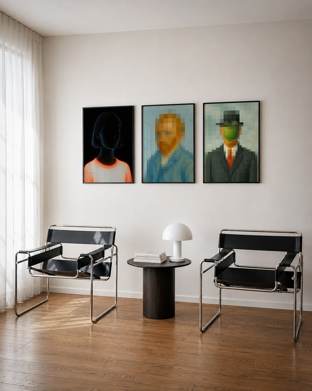 Licht en schaduw driedelige posterset – een silhouet in blauw en zwart met een feloranje gloed rond