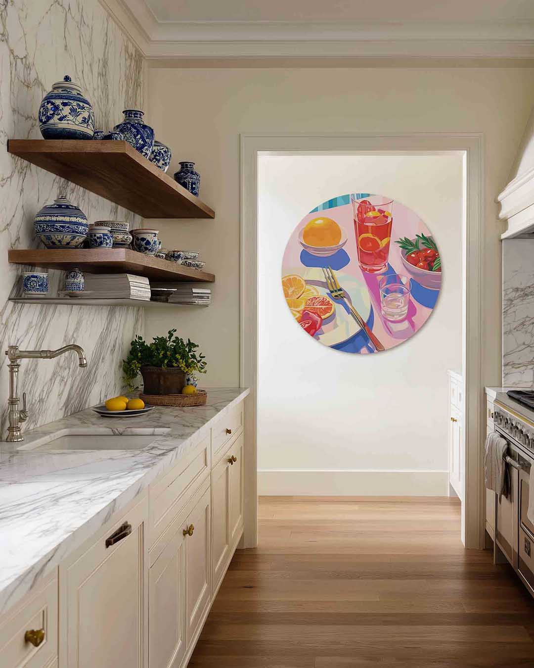 Fruit en drankjes – moderne abstracte muurcirkel voor aan de muur