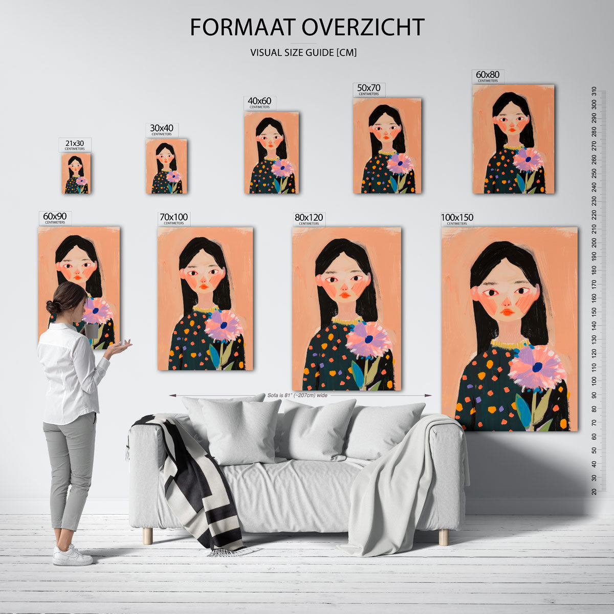 Meisje met bloem – staande muurposter met kleurrijke illustratie