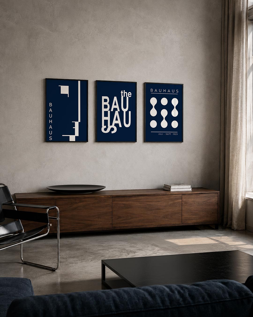 Lijnen en vlakken posterset – tweede productweergave – donkerblauwe achtergrond met witte geometrische vormen en lijnen.
