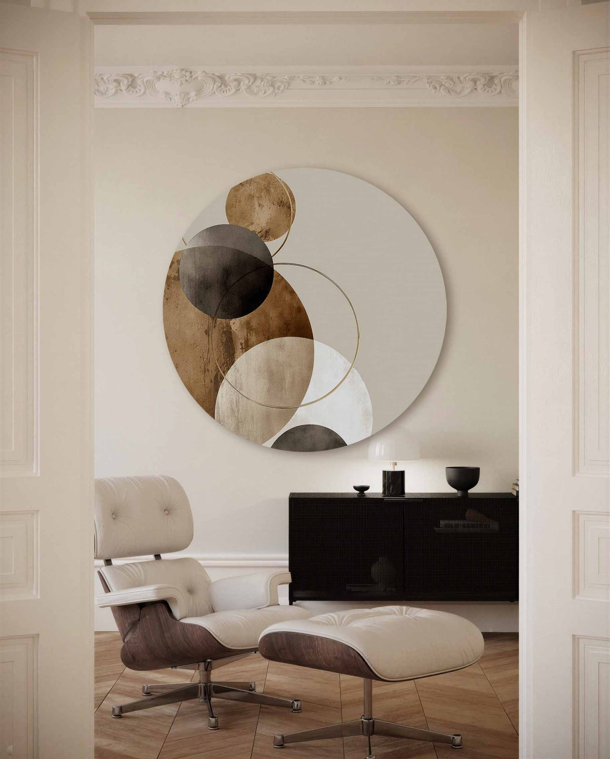 Abstracte cirkels – portret muurcirkel als ronde muurdecoratie