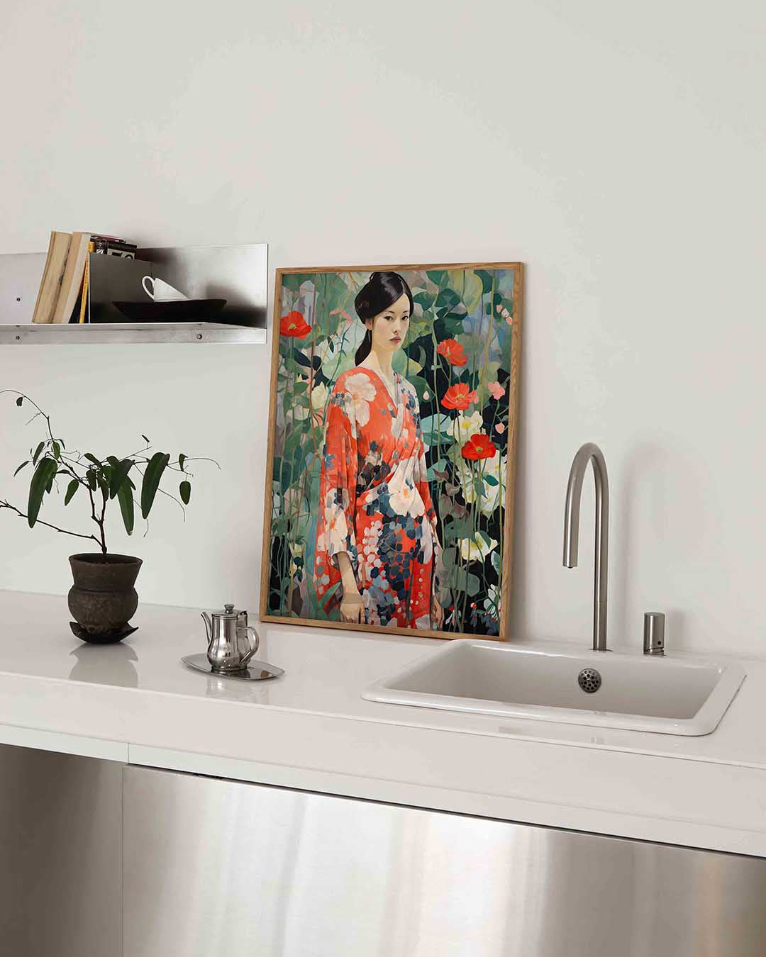 Vrouw in kimono met bloemen – Aziatische poster in staand formaat