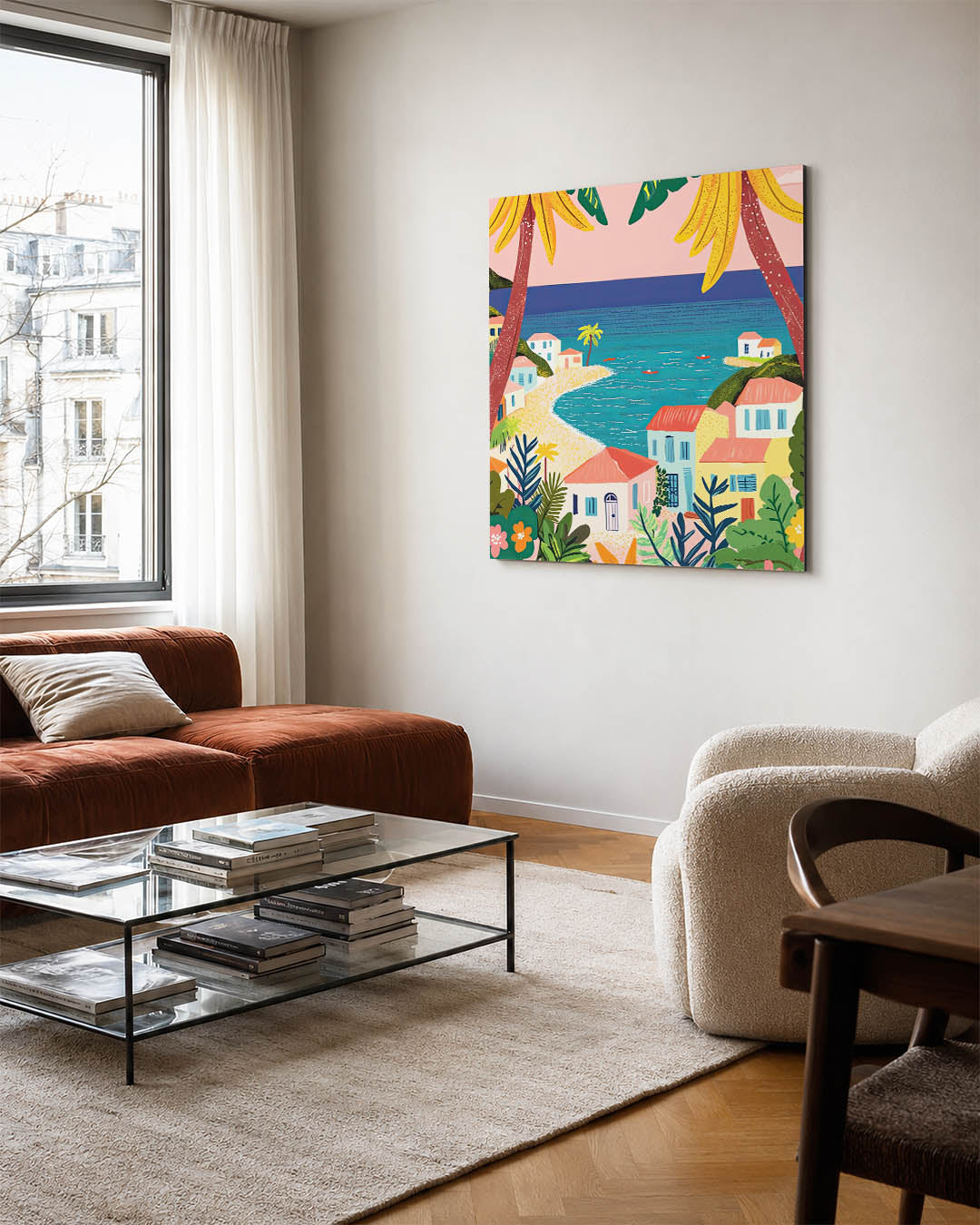Vrolijk strandtafereel kunstwerk – vierkante wanddecoratie – dit kunstwerk toont een levendig strand met kleurrijke huizen
