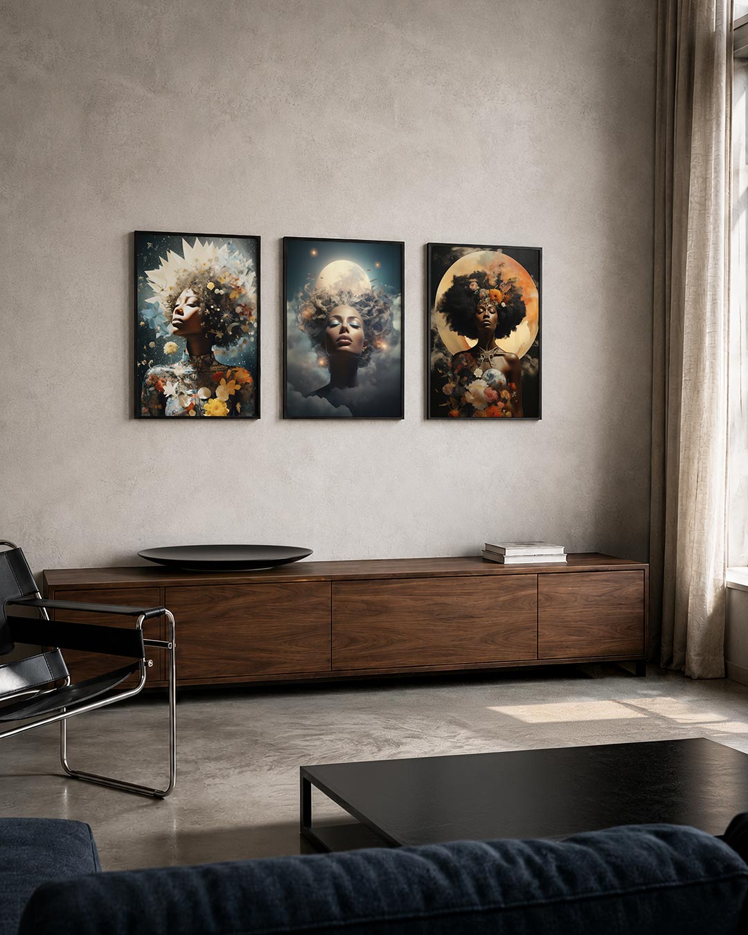 Bloemrijke droom posterset – tweede productweergave – een vrouw omringd door een explosie van bloemen en sterren,