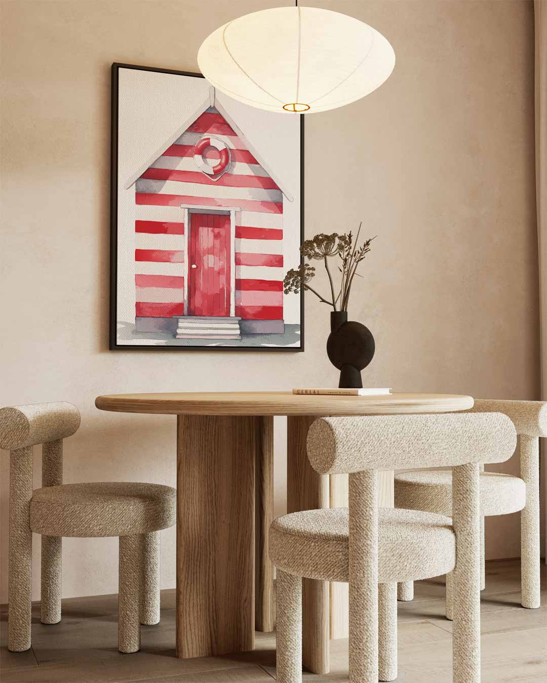 Strandhuisje in Streepjeskleuren – staand kunstwerk voor modern interieur