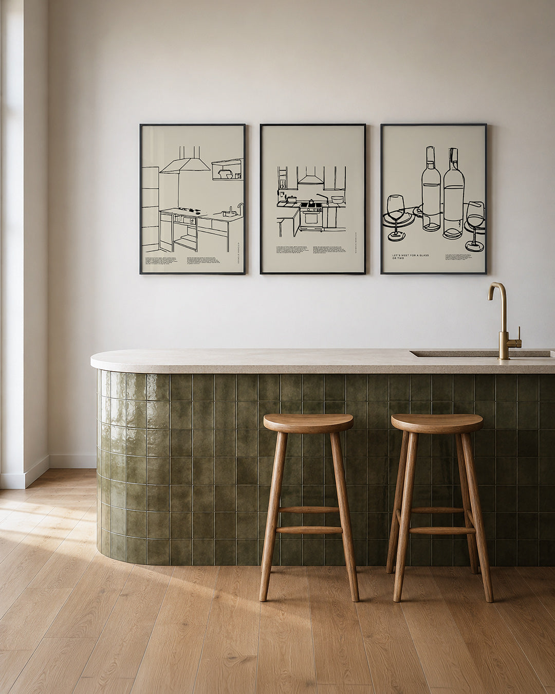 Keukenlijnenspel – deze posterset in drie delen toont een keuken met strakke lijnen en subtiele – weergave 2