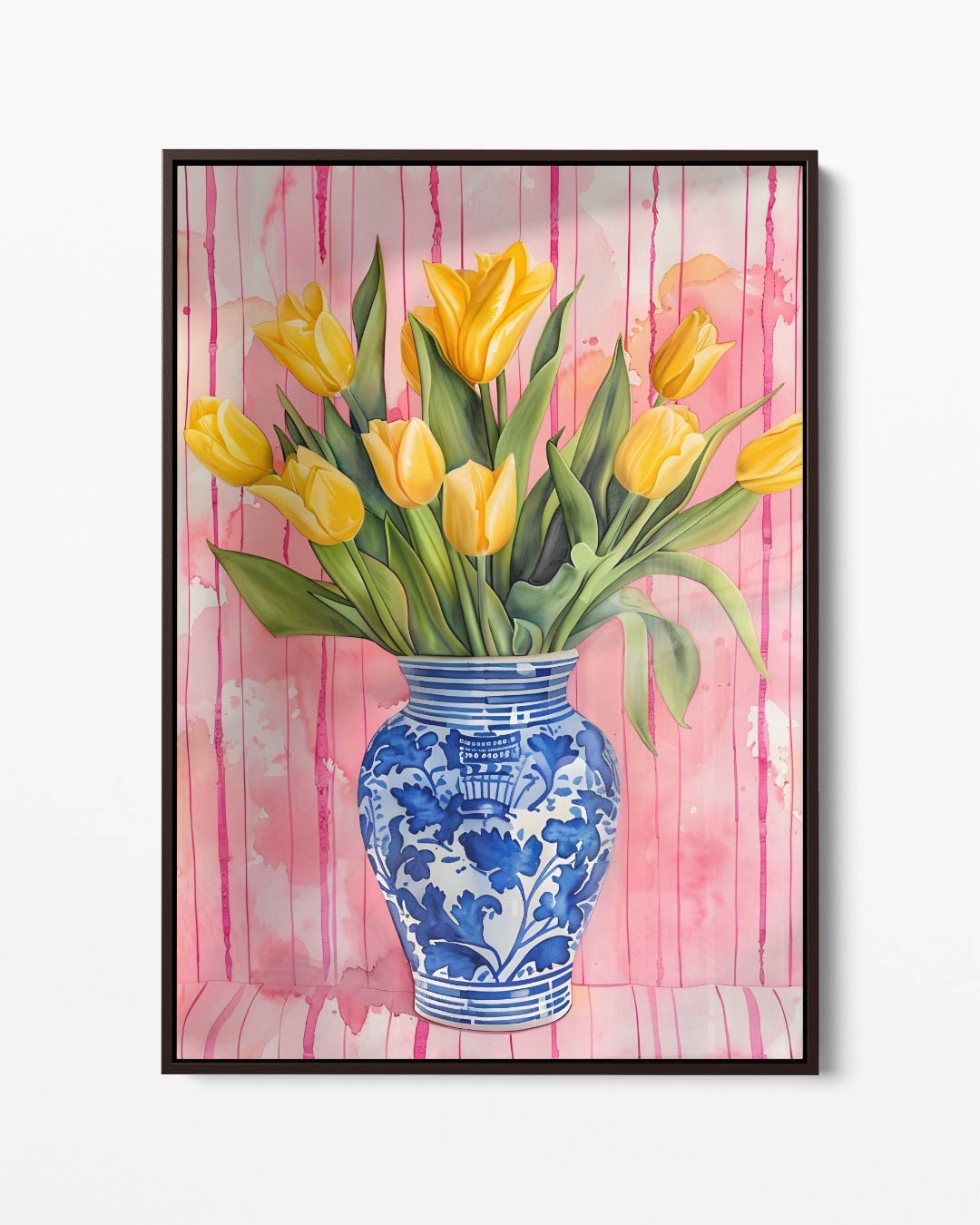 Vrolijke Gele Tulpen in Delfts Blauwe Vaas – portret kunstwerk als wanddecoratie