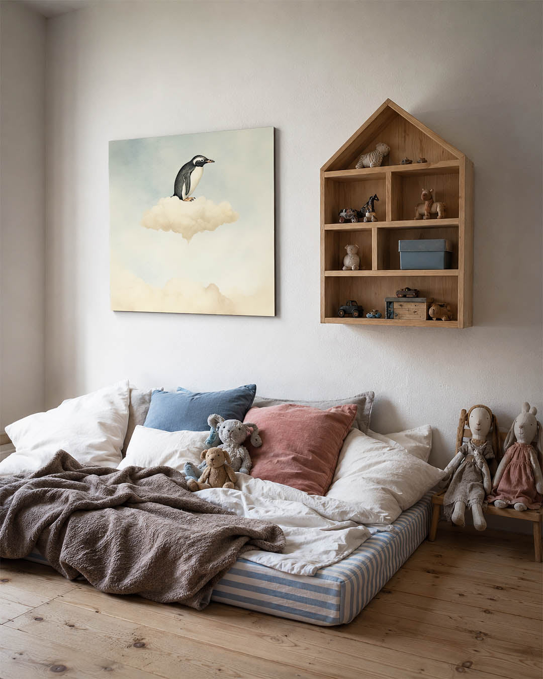 Dromerige pinguïn kunstwerk – derde productweergave – een pinguïn zit op een zachte wolk tegen een lichte lucht. De