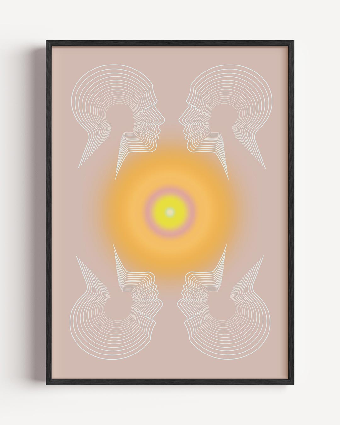 Stralende Zonsopgang in Abstracte Gezichtslijnen – mindfulness portret poster als wanddecoratie