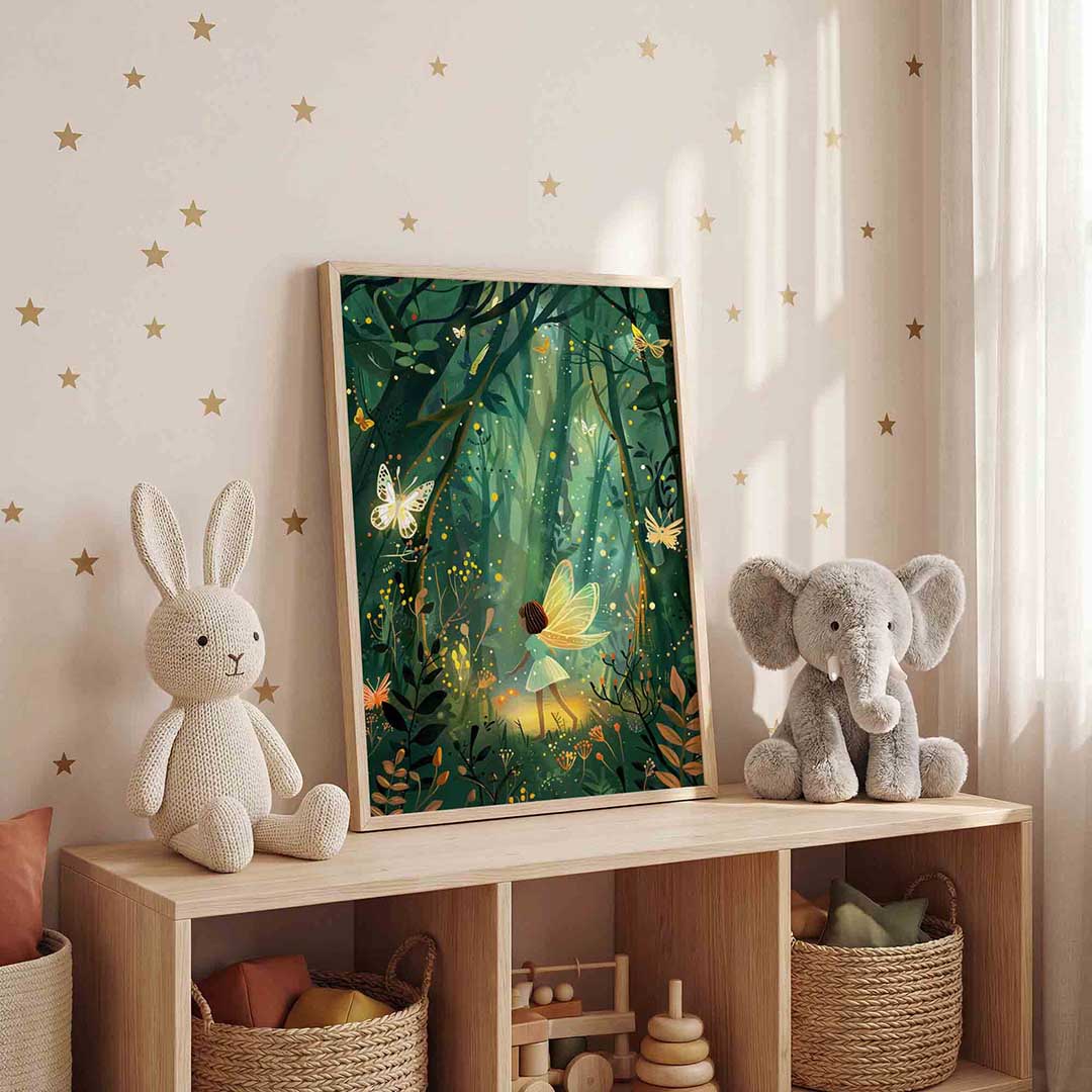 Meisje met vleugels in bos – staande kinderkamer wanddecoratie van WallArtistic