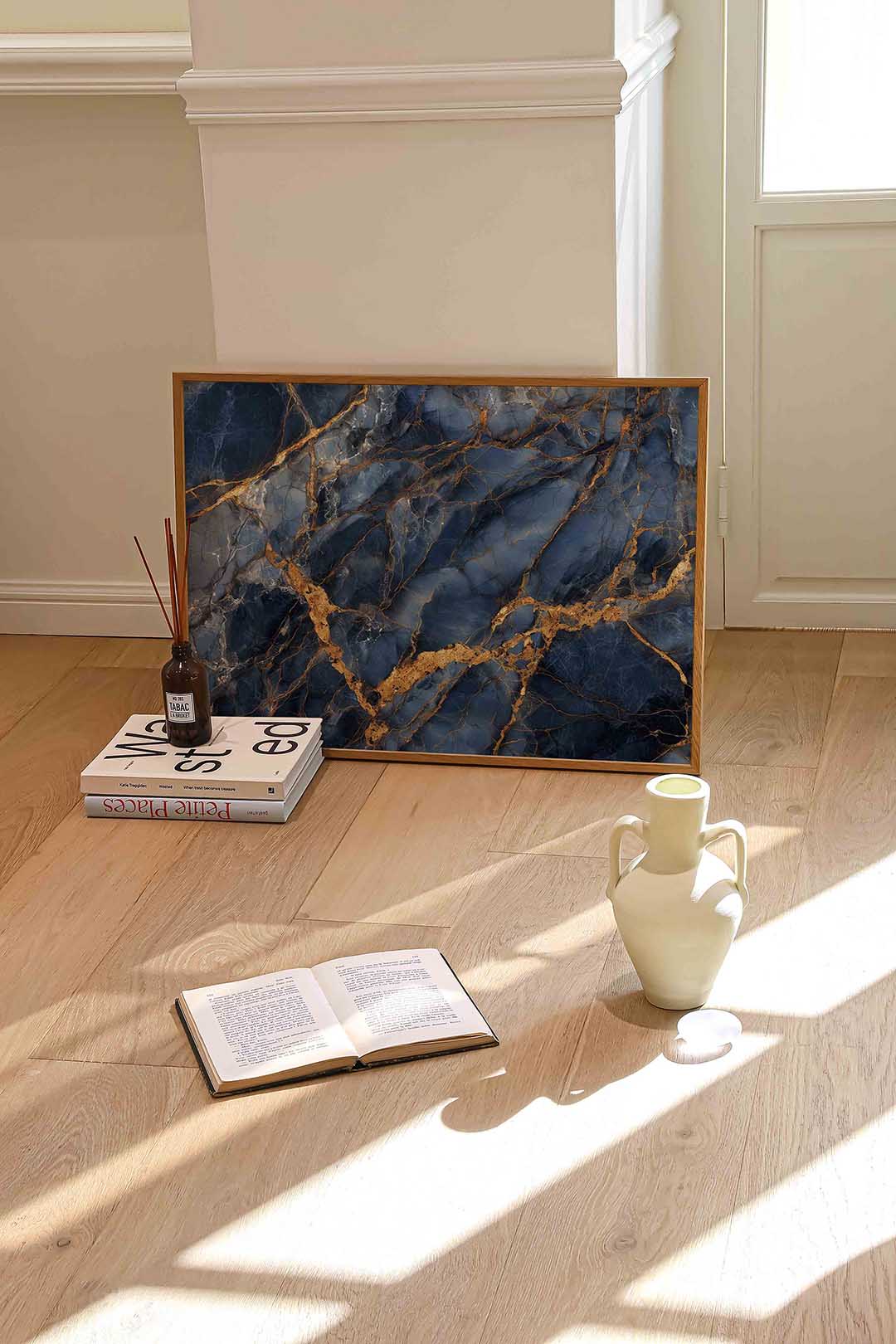 Blauw en goud marmer – liggende abstracte wanddecoratie van WallArtistic
