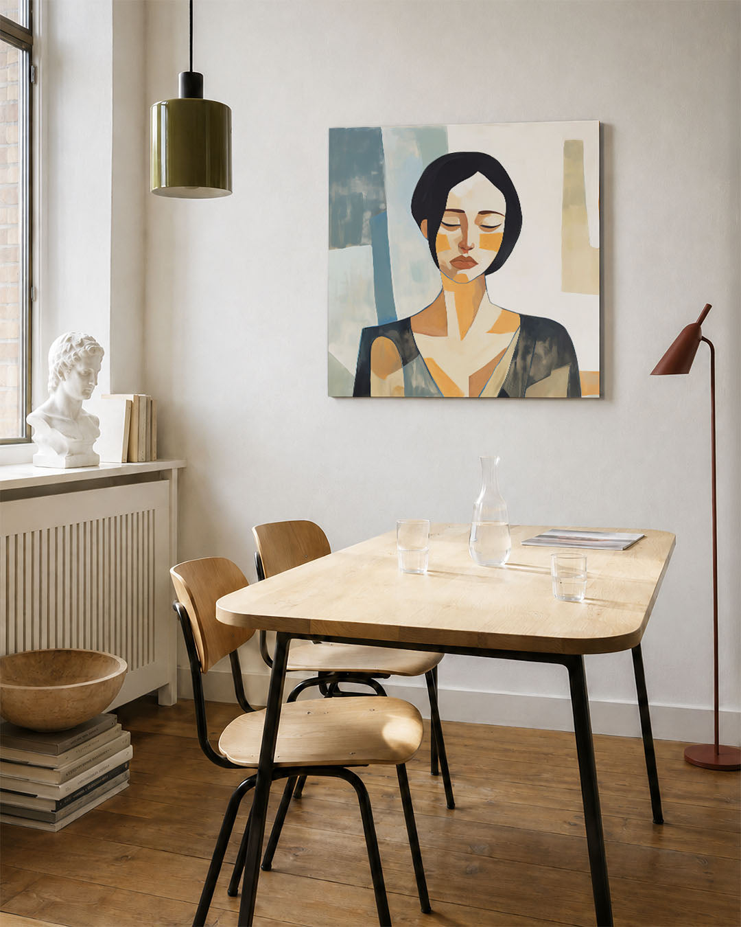 Geometrisch portret kunstwerk – vierkante wanddecoratie – dit kunstwerk toont een vrouw met gesloten ogen, opgebouwd uit