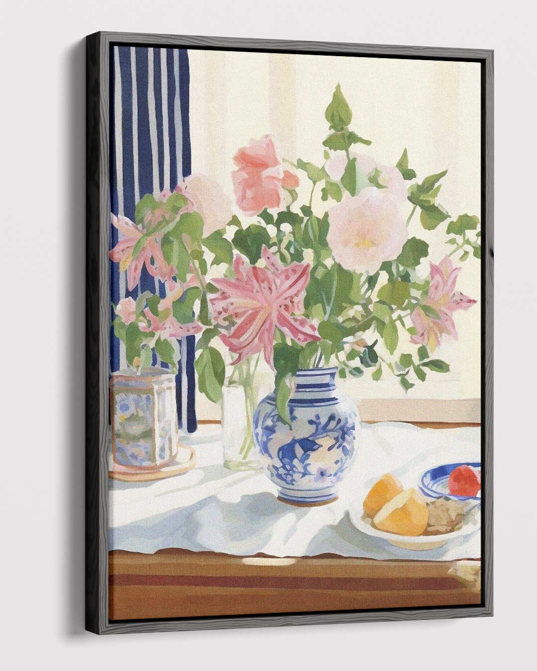 Zomers Bloemenboeket in Blauwe Vaas – dibond kunstwerk als wanddecoratie