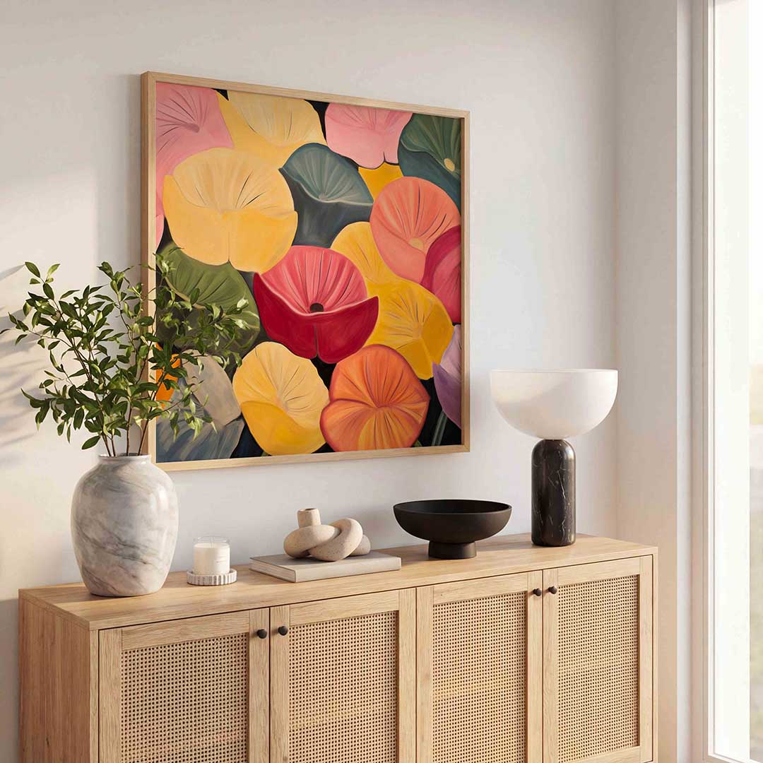 Bloemen in levendige kleuren – kleurrijke poster in vierkant formaat