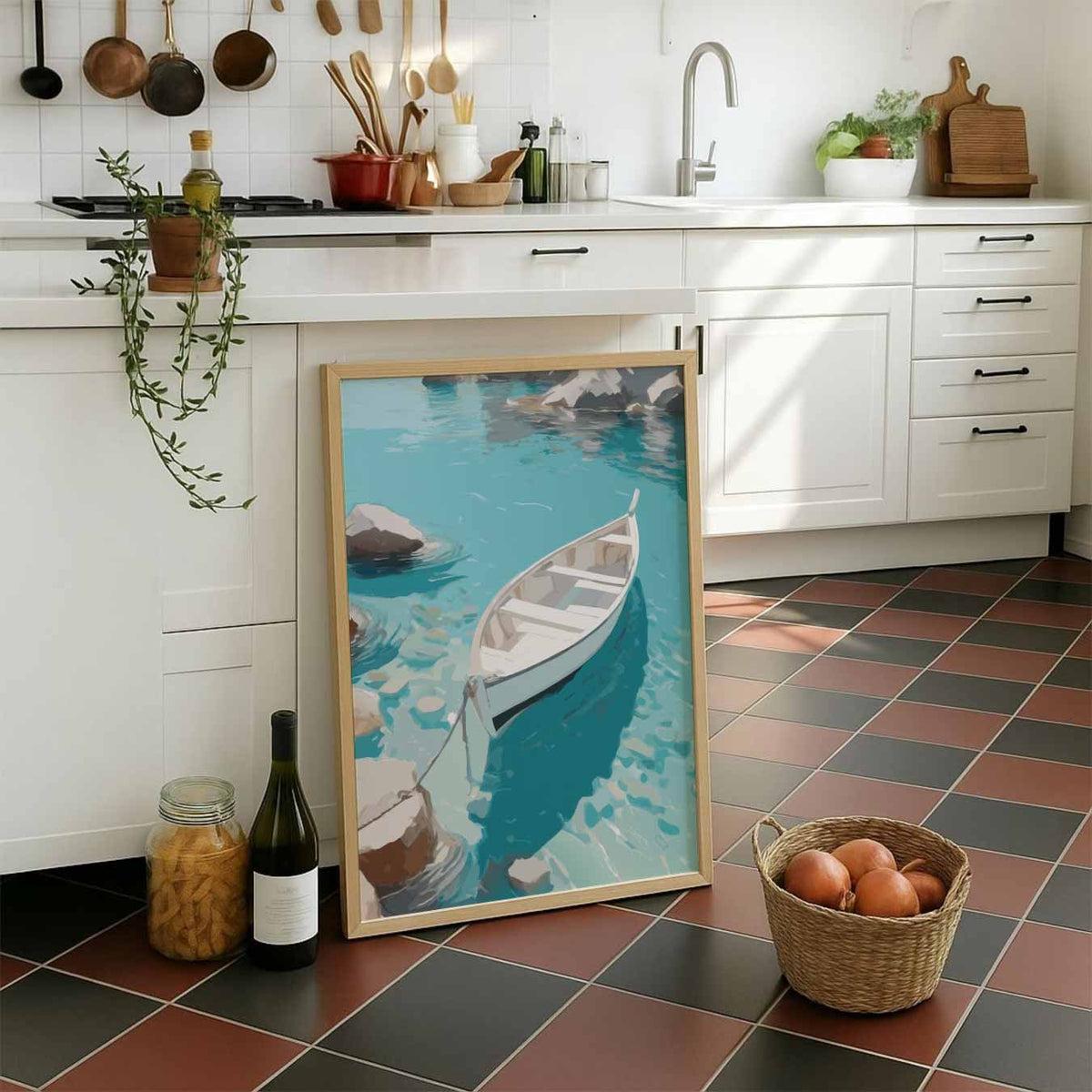 Rustgevende Boot op Helder Blauw Water – staande muurposter met zomerse uitstraling