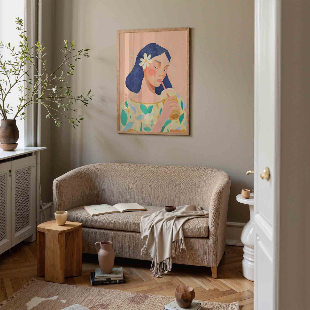 Vrouw met drankje – pastel poster in staand formaat