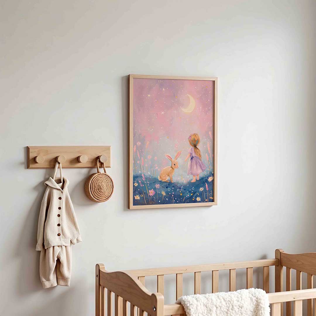 Meisje en konijn onder maan – kinderposter in staand formaat