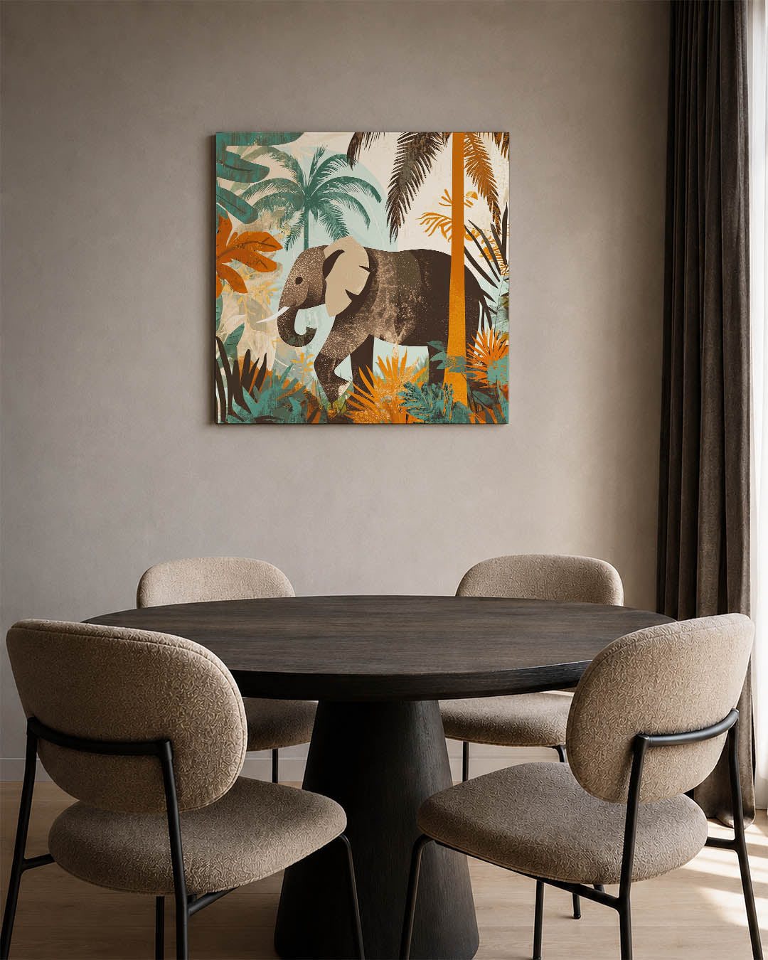 Dierlijke jungle scène kunstwerk – derde productweergave – dit kunstwerk toont een olifant in een weelderige jungle, omringd