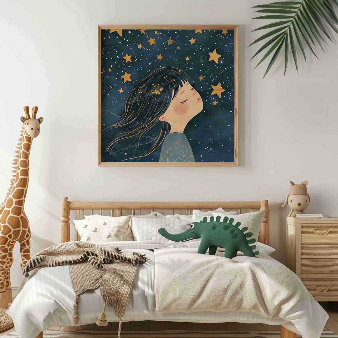 Meisje met sterren – vierkante kinderkamer wanddecoratie van WallArtistic