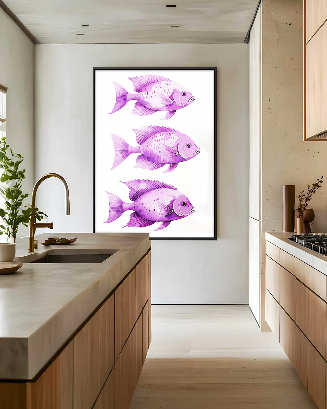 Speelse Paarse Vistrio – canvas wanddecoratie in portret formaat
