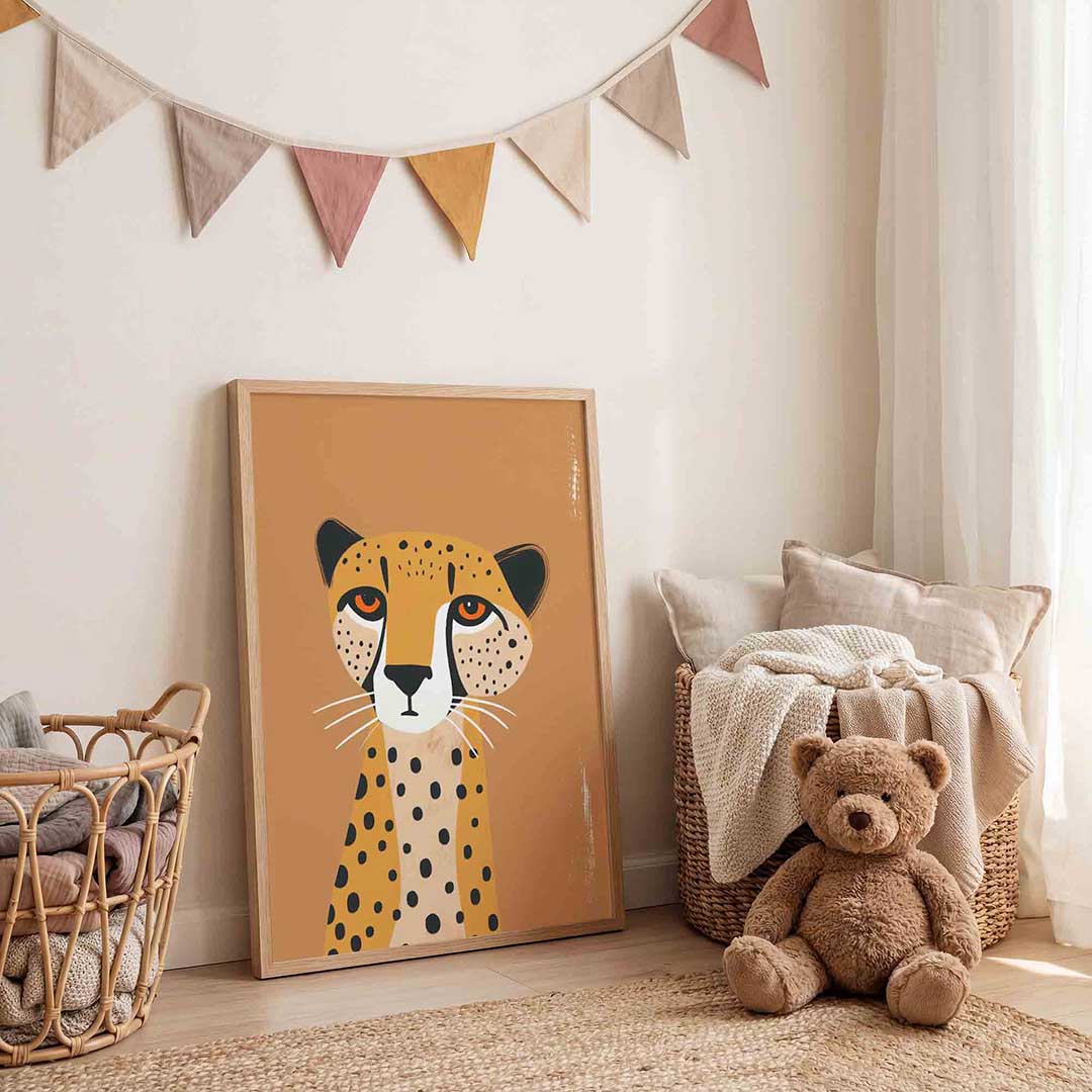 Luipaard met oranje ogen – speelse wandkunst als portret kinderposter