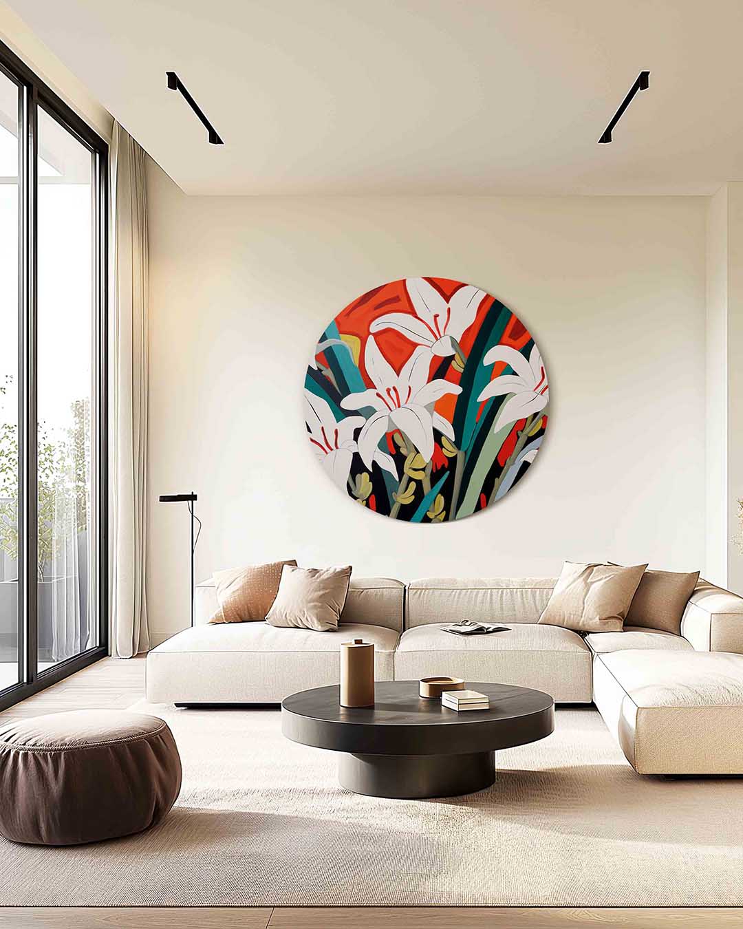 Witte bloemen op rode achtergrond – kleurrijke muurcirkel als ronde wanddecoratie