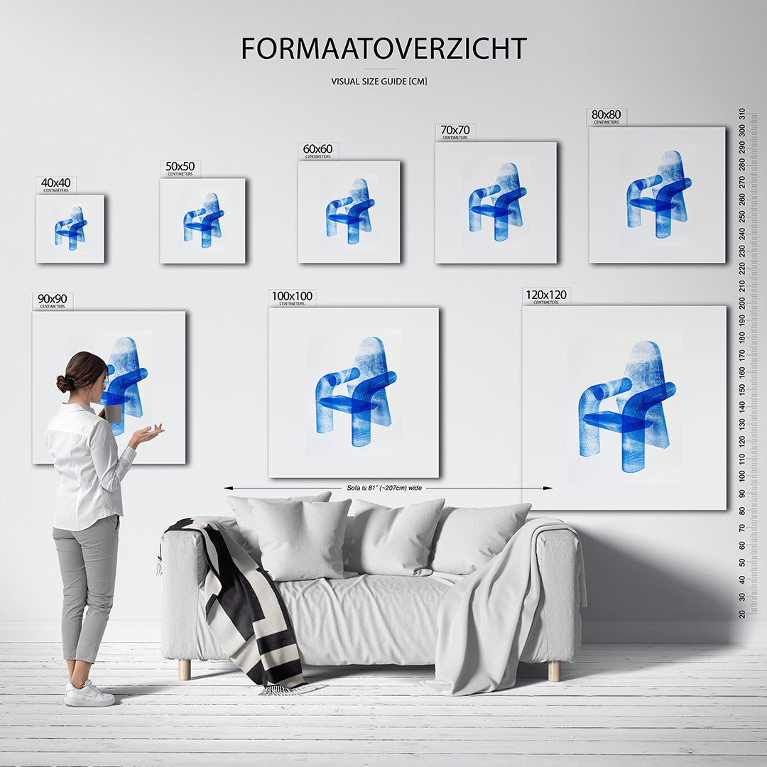 Transparante stoelvorm kunstwerk – materiaalweergave – dit kunstwerk toont een transparante stoelvorm in blauw, met vloeiende