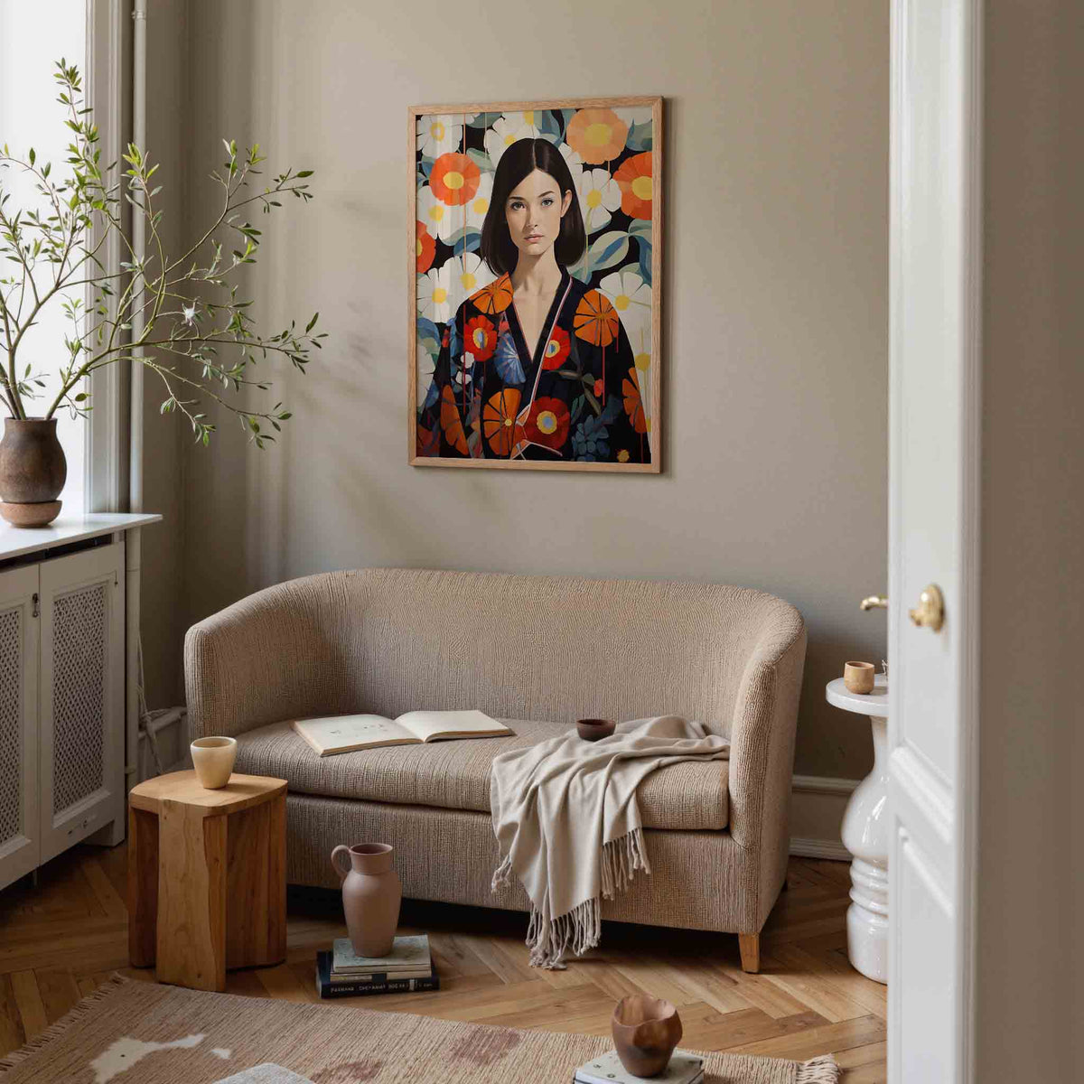 Vrouw met bloemenachtergrond – botanische poster in staand formaat