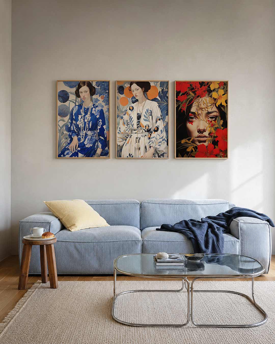 Blauwe bloemendroom posterset – tweede productweergave – een vrouw in een blauwe jurk met witte bloemen, omringd