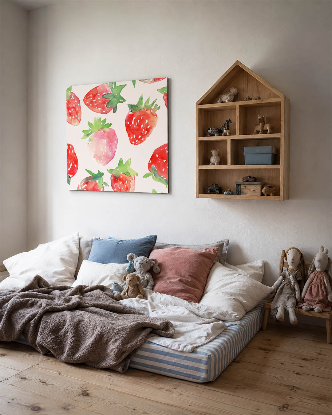 Aardbeienpatroon kunstwerk – derde productweergave – dit werk toont een speels patroon van aardbeien in levendige kleuren. De