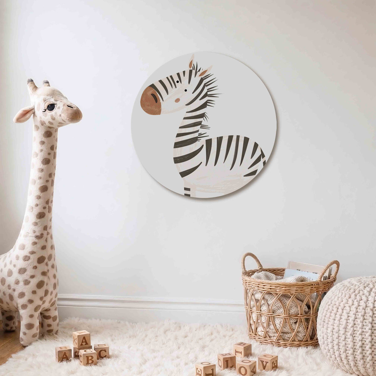 Zebra illustratie Muurcirkel – Een zebra met zwarte strepen en een bruine snuit op een witte achtergrond.