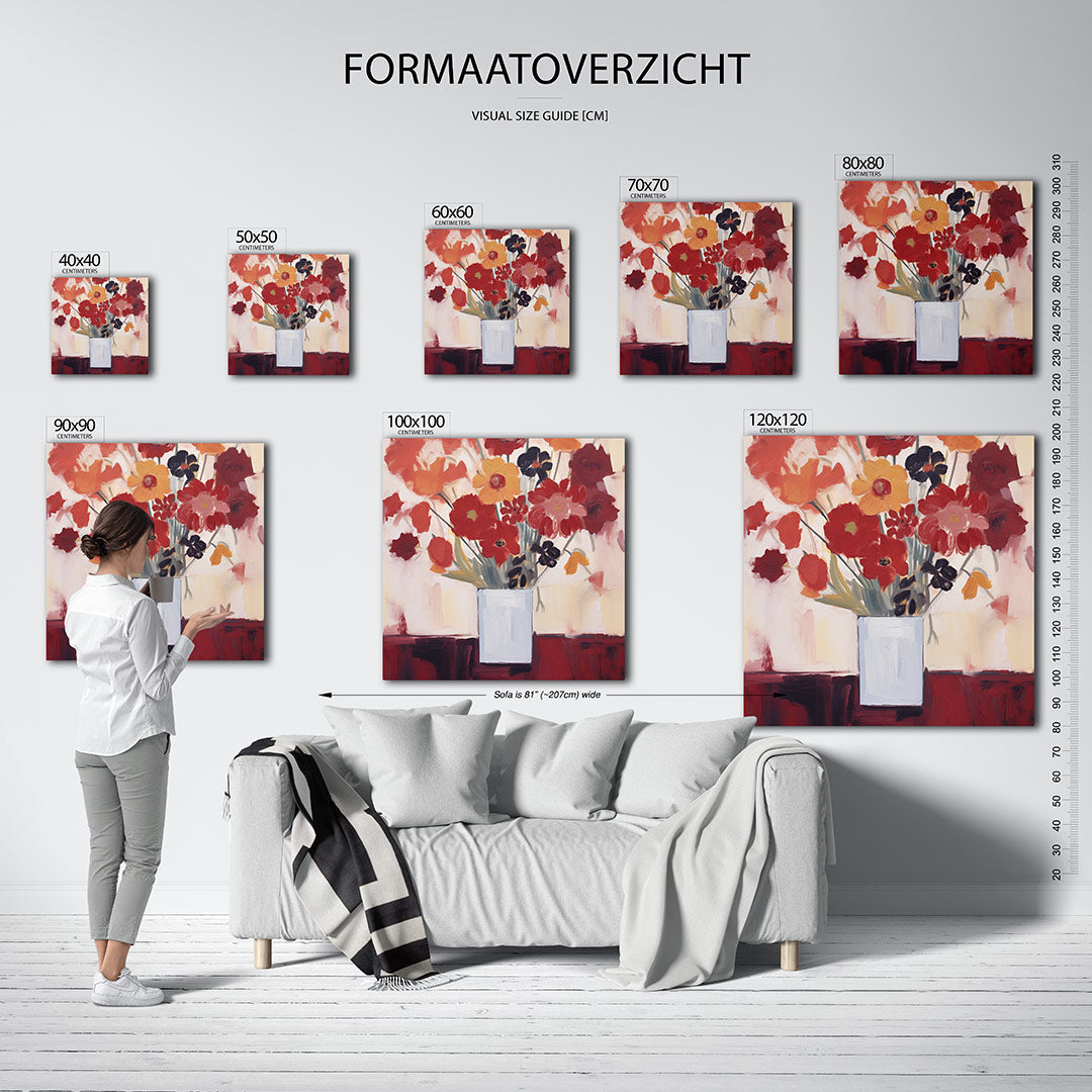 Compositie kunstwerk – dit werk toont een boeket bloemen in een vaas. De warme kleuren en vloeiende penseelstreken creëren