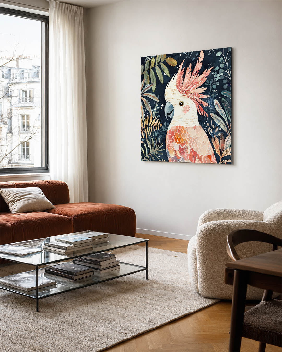 Vrolijke papegaai kunstwerk – vierkante wanddecoratie – dit kunstwerk toont een kleurrijke papegaai omringd door weelderige
