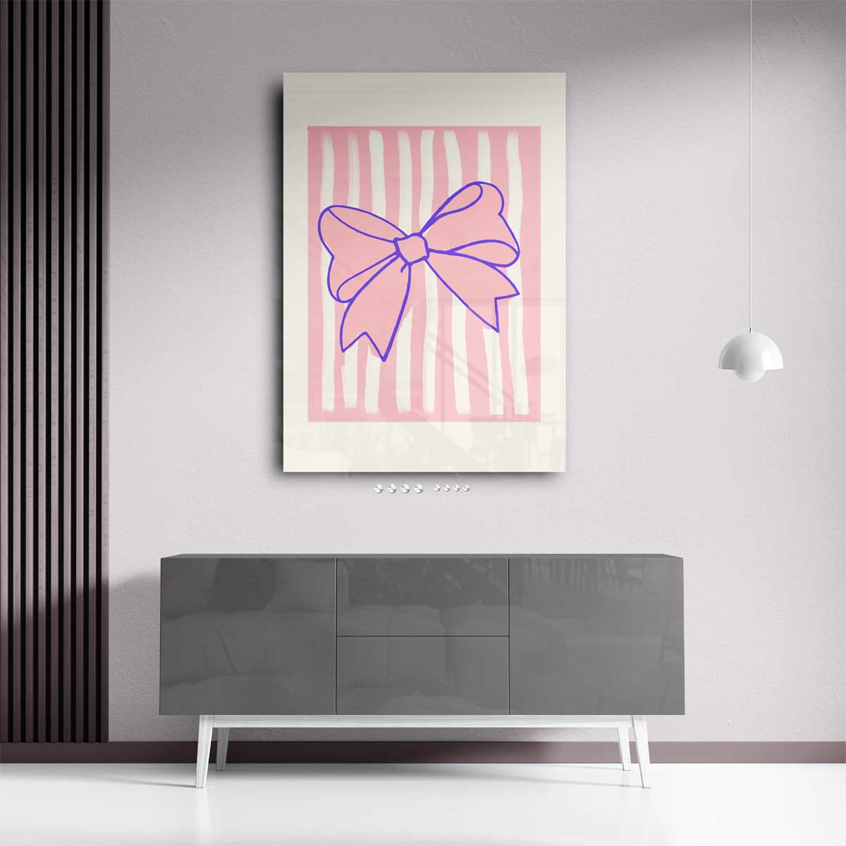 Speelse Strik op Roze Strepen – plexiglas wanddecoratie in portret formaat
