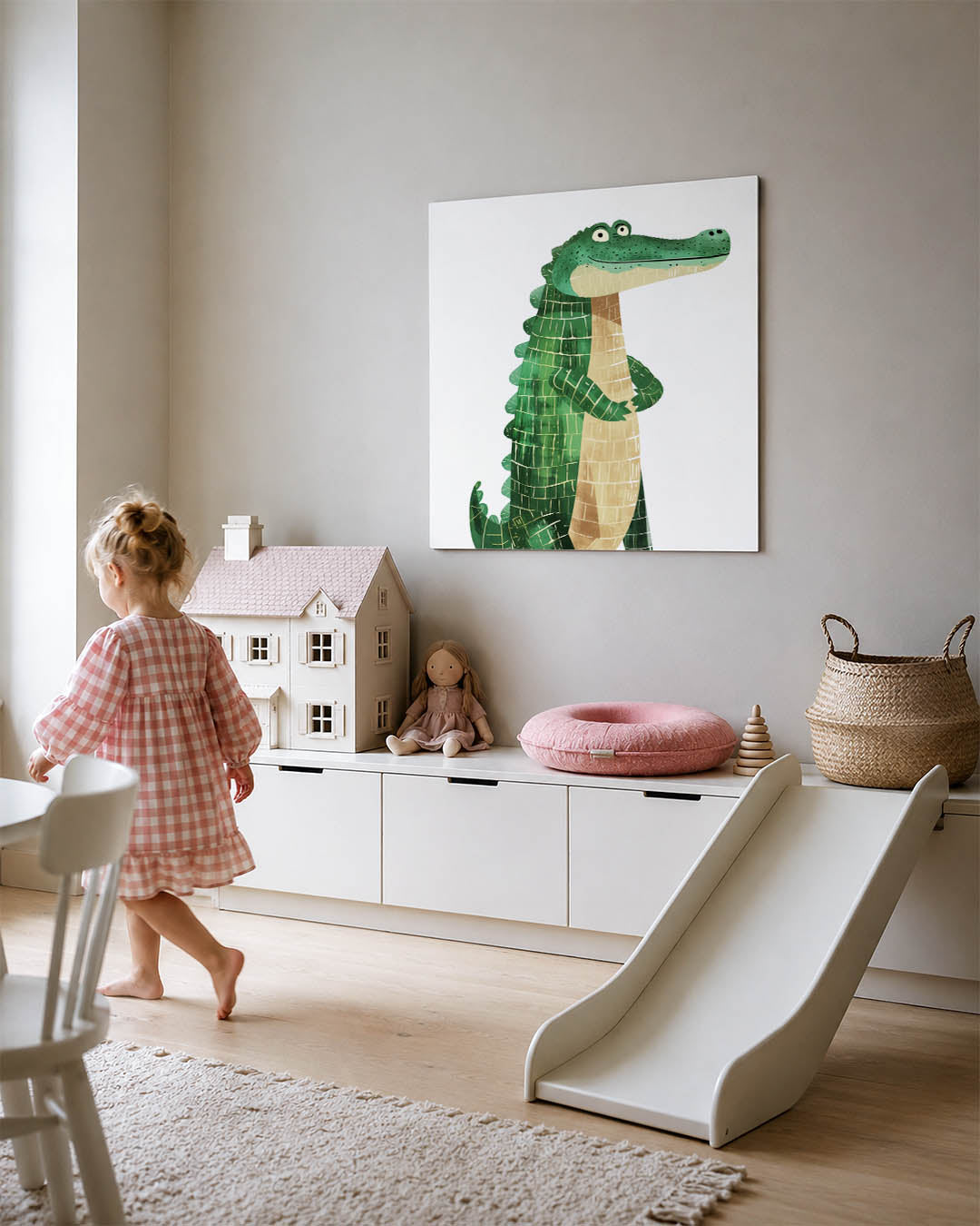 Vrolijke krokodil illustratie kunstwerk – tweede productweergave – dit werk toont een speelse krokodil met een groene huid en