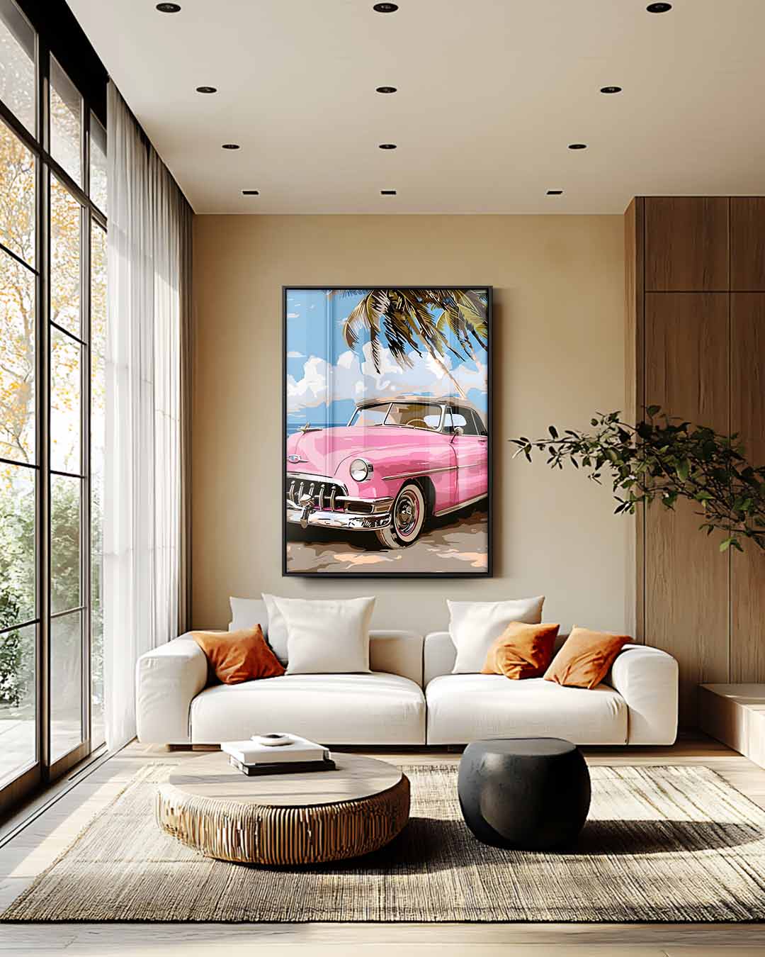 Roze Oldtimer aan het Strand – plexiglas wanddecoratie in portret formaat
