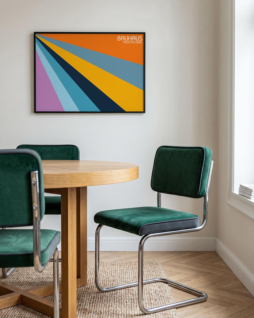 Kleurrijke stralen – liggende Bauhaus poster voor aan de muur
